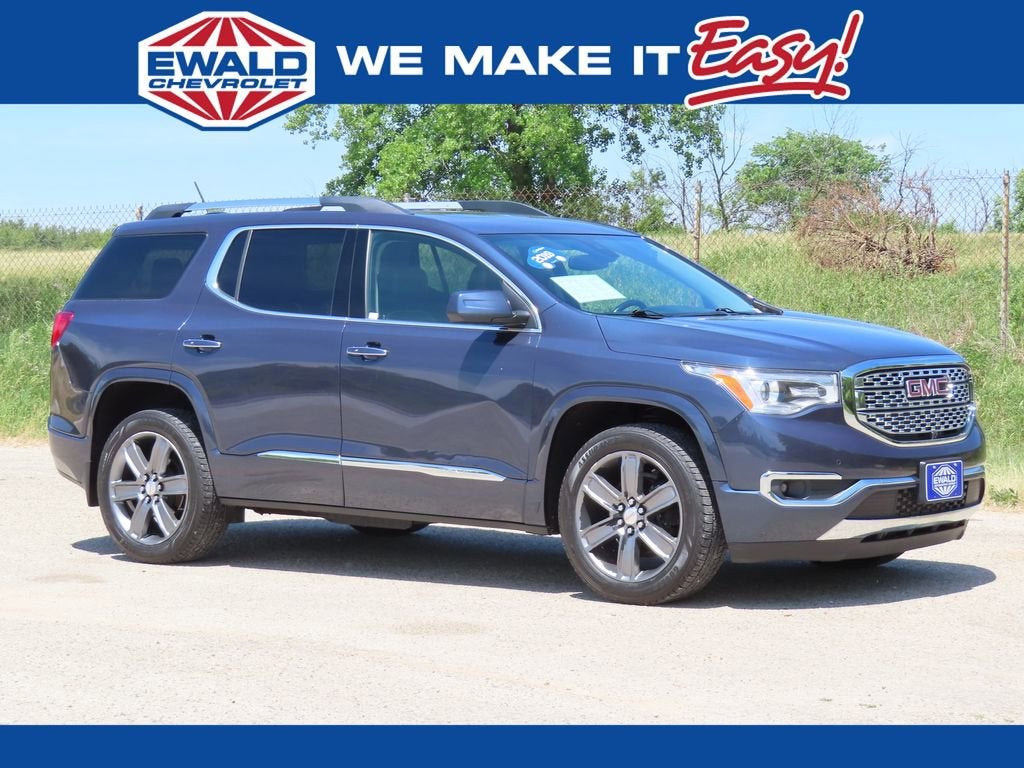 2019 GMC Acadia Denali in Blue Steel Metallic — front three-quarter view